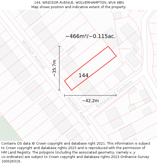 144, WINDSOR AVENUE, WOLVERHAMPTON, WV4 4BN: Plot and title map