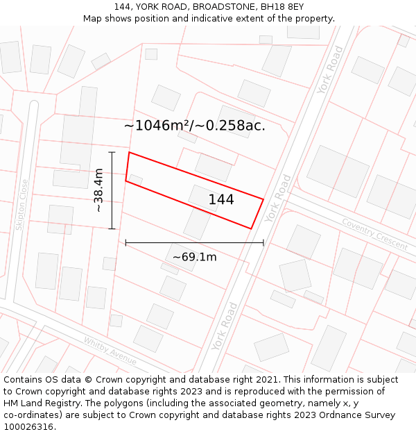 144, YORK ROAD, BROADSTONE, BH18 8EY: Plot and title map