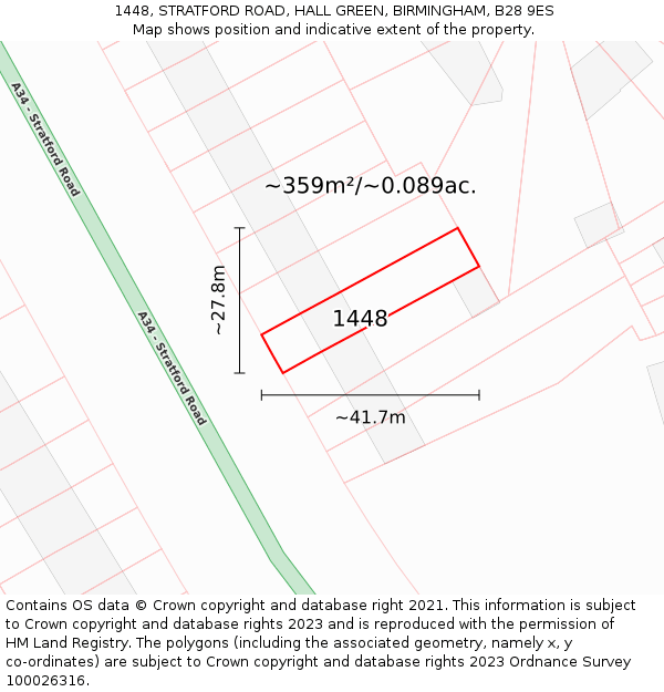 1448, STRATFORD ROAD, HALL GREEN, BIRMINGHAM, B28 9ES: Plot and title map