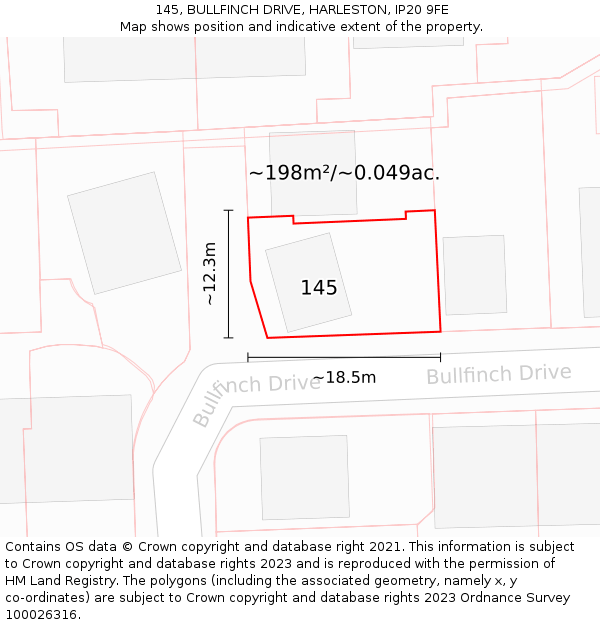 145, BULLFINCH DRIVE, HARLESTON, IP20 9FE: Plot and title map