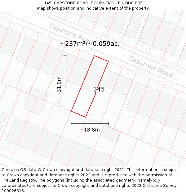 145, CAPSTONE ROAD, BOURNEMOUTH, BH8 8RZ: Plot and title map