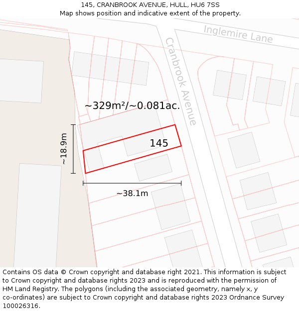 145, CRANBROOK AVENUE, HULL, HU6 7SS: Plot and title map