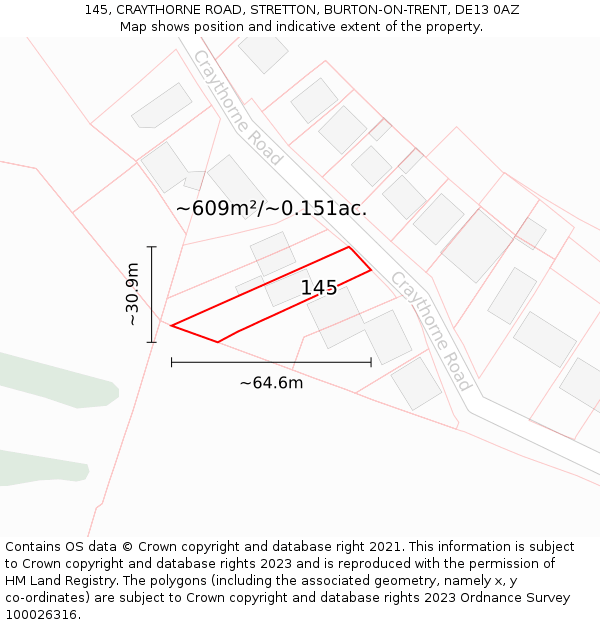 145, CRAYTHORNE ROAD, STRETTON, BURTON-ON-TRENT, DE13 0AZ: Plot and title map