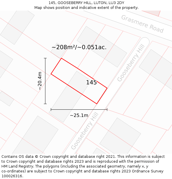 145, GOOSEBERRY HILL, LUTON, LU3 2DY: Plot and title map