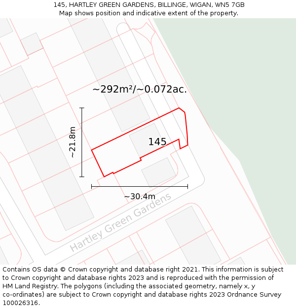 145, HARTLEY GREEN GARDENS, BILLINGE, WIGAN, WN5 7GB: Plot and title map