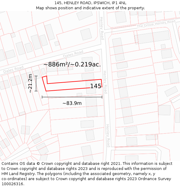 145, HENLEY ROAD, IPSWICH, IP1 4NL: Plot and title map