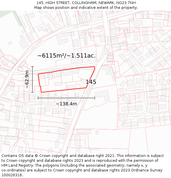 145, HIGH STREET, COLLINGHAM, NEWARK, NG23 7NH: Plot and title map