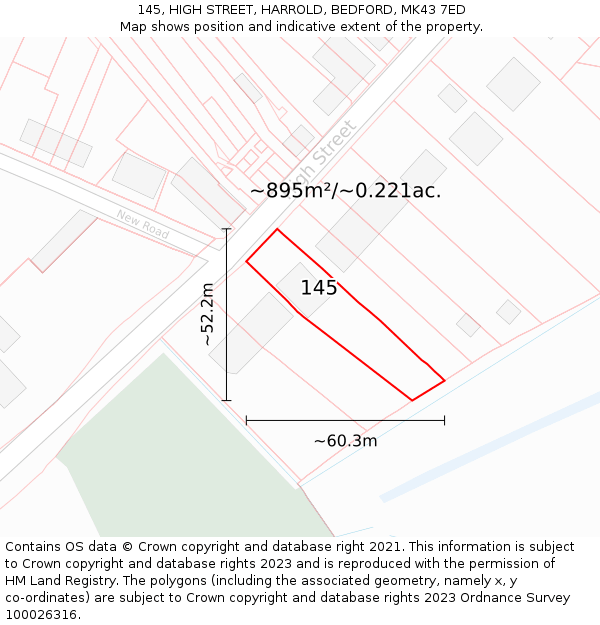 145, HIGH STREET, HARROLD, BEDFORD, MK43 7ED: Plot and title map