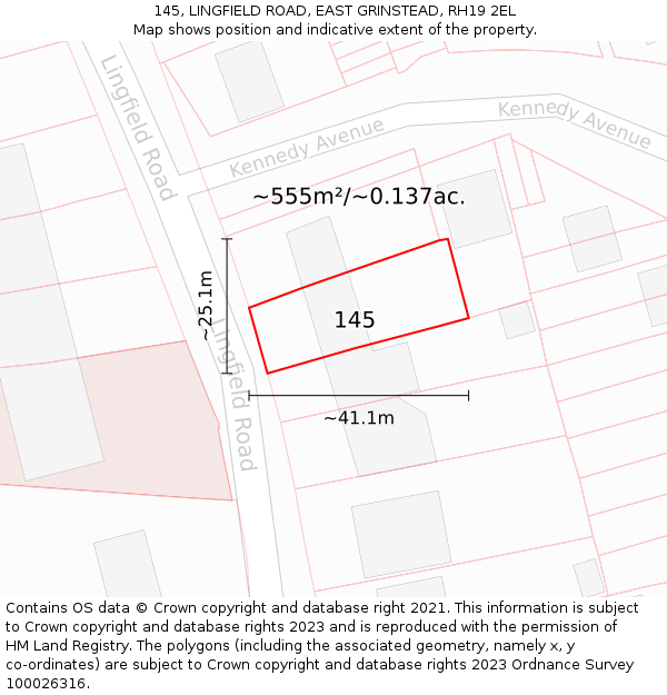 145, LINGFIELD ROAD, EAST GRINSTEAD, RH19 2EL: Plot and title map