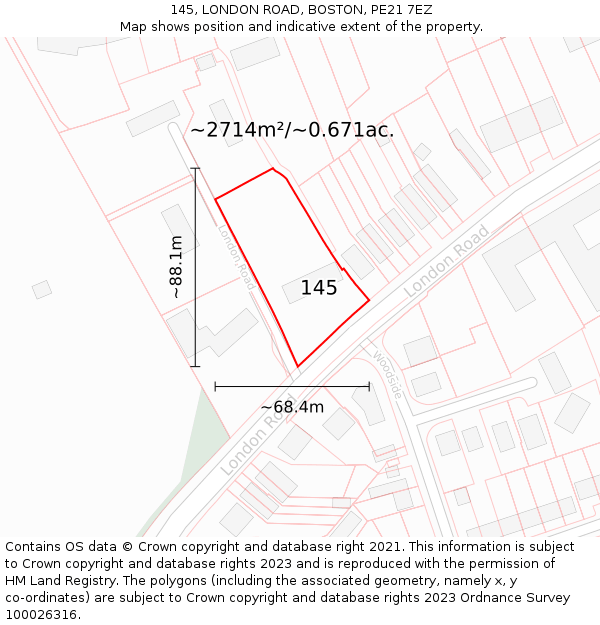 145, LONDON ROAD, BOSTON, PE21 7EZ: Plot and title map