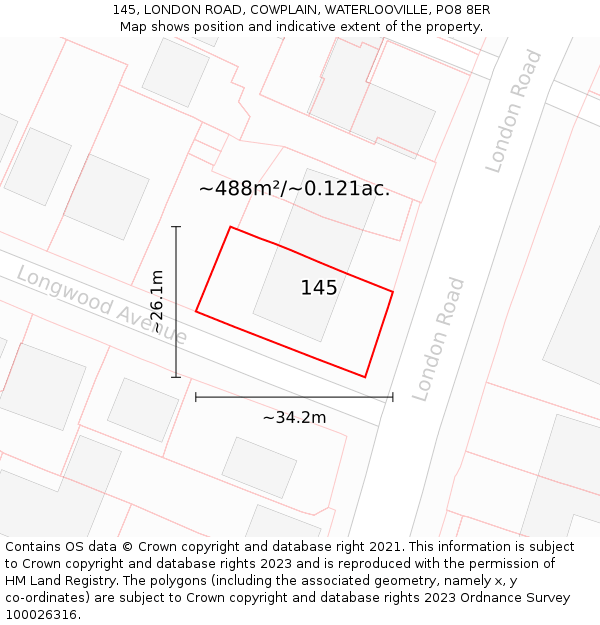 145, LONDON ROAD, COWPLAIN, WATERLOOVILLE, PO8 8ER: Plot and title map