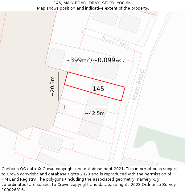 145, MAIN ROAD, DRAX, SELBY, YO8 8NJ: Plot and title map