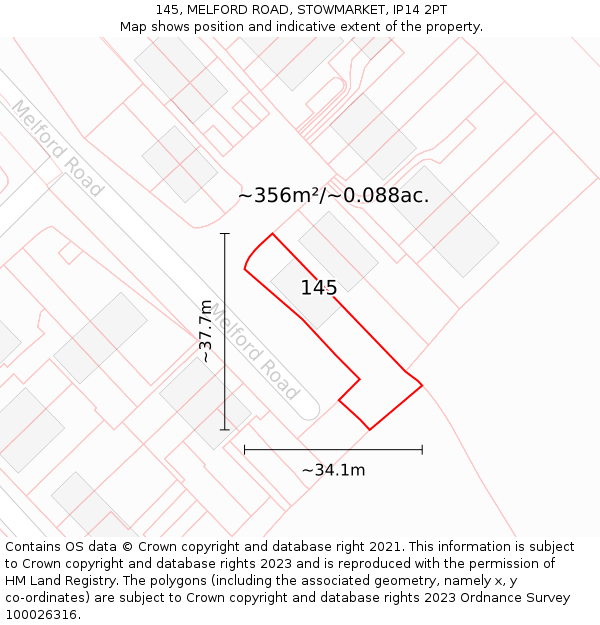 145, MELFORD ROAD, STOWMARKET, IP14 2PT: Plot and title map