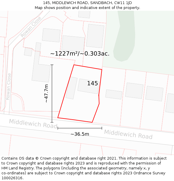 145, MIDDLEWICH ROAD, SANDBACH, CW11 1JD: Plot and title map