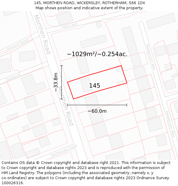 145, MORTHEN ROAD, WICKERSLEY, ROTHERHAM, S66 1DX: Plot and title map