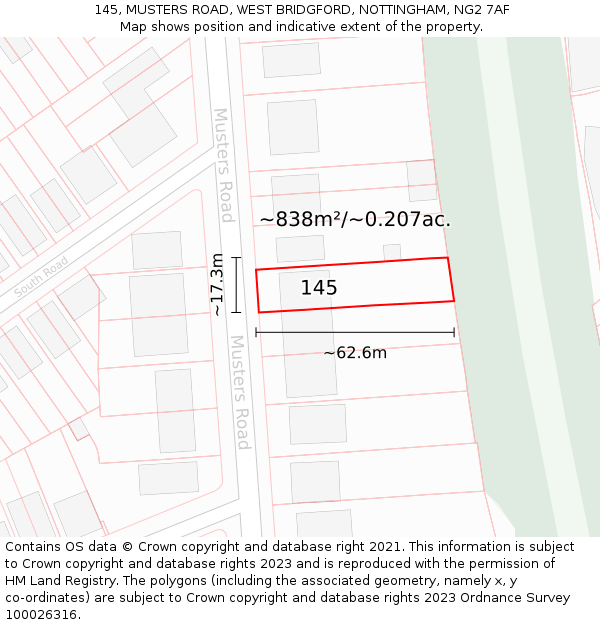 145, MUSTERS ROAD, WEST BRIDGFORD, NOTTINGHAM, NG2 7AF: Plot and title map