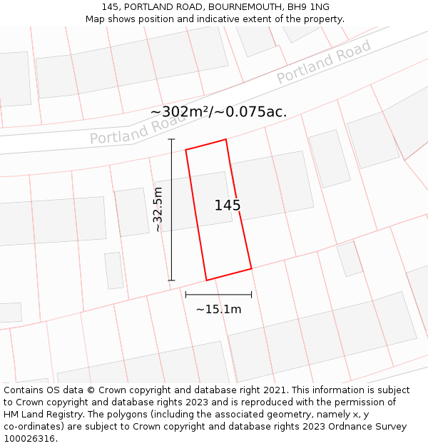 145, PORTLAND ROAD, BOURNEMOUTH, BH9 1NG: Plot and title map