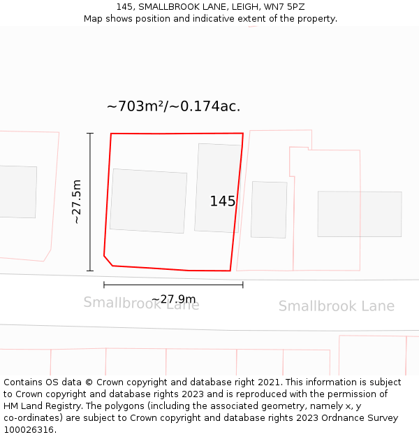 145, SMALLBROOK LANE, LEIGH, WN7 5PZ: Plot and title map