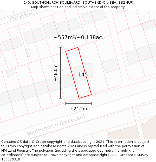 145, SOUTHCHURCH BOULEVARD, SOUTHEND-ON-SEA, SS2 4UR: Plot and title map