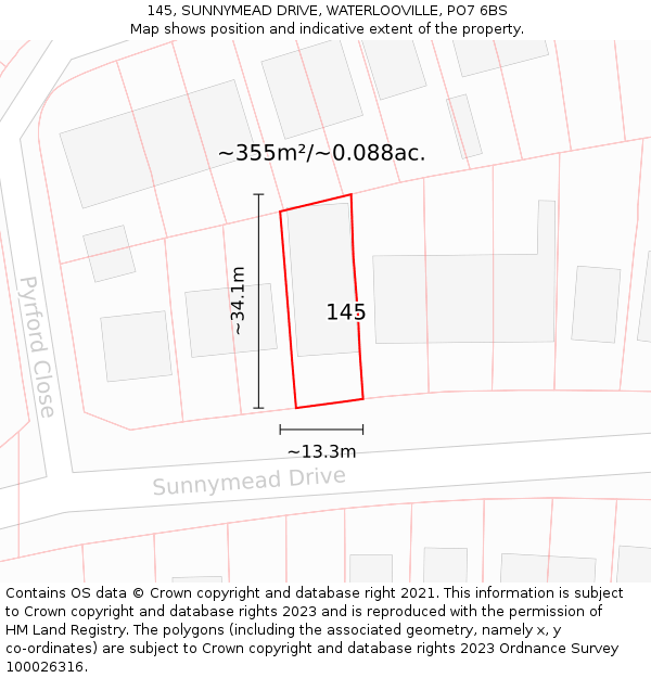 145, SUNNYMEAD DRIVE, WATERLOOVILLE, PO7 6BS: Plot and title map