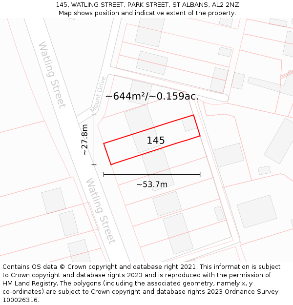 145, WATLING STREET, PARK STREET, ST ALBANS, AL2 2NZ: Plot and title map