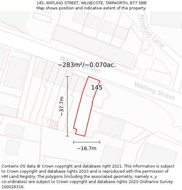 145, WATLING STREET, WILNECOTE, TAMWORTH, B77 5BB: Plot and title map