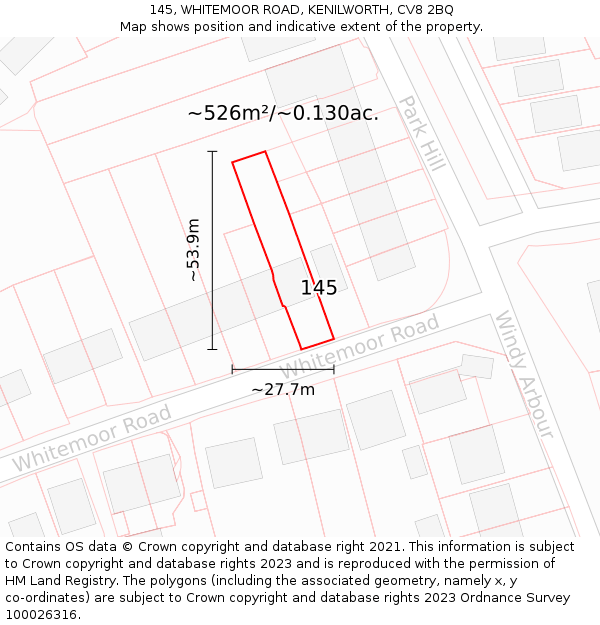 145, WHITEMOOR ROAD, KENILWORTH, CV8 2BQ: Plot and title map