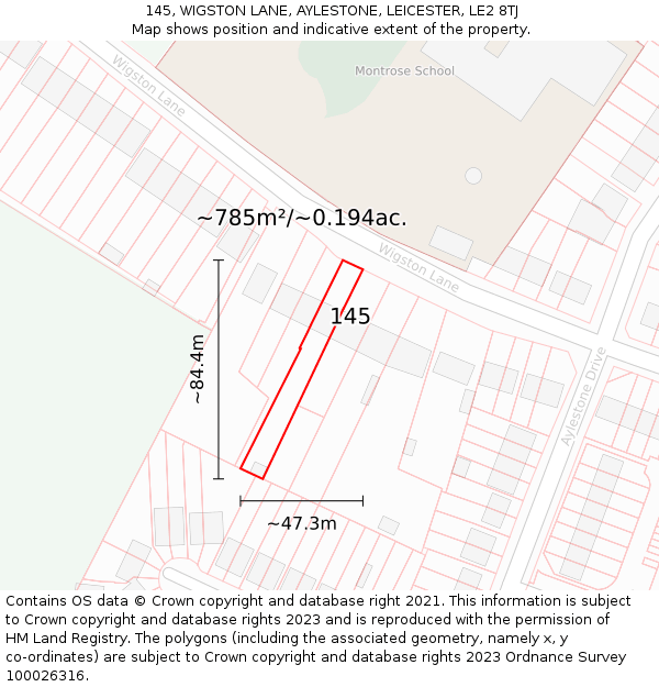 145, WIGSTON LANE, AYLESTONE, LEICESTER, LE2 8TJ: Plot and title map