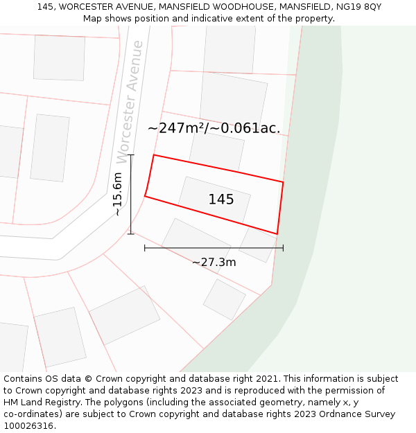 145, WORCESTER AVENUE, MANSFIELD WOODHOUSE, MANSFIELD, NG19 8QY: Plot and title map