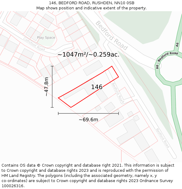 146, BEDFORD ROAD, RUSHDEN, NN10 0SB: Plot and title map