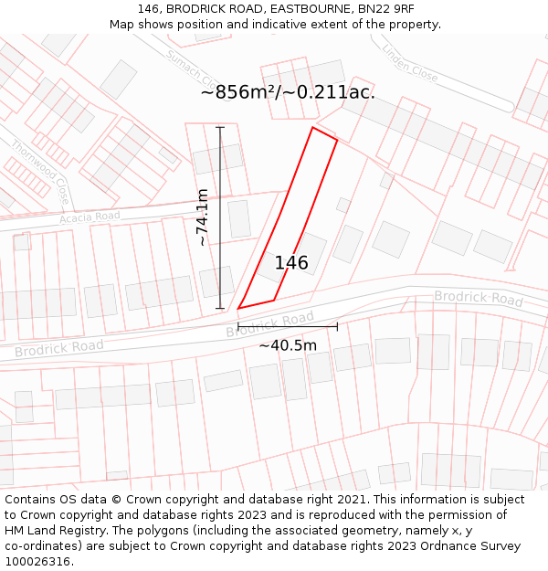 146, BRODRICK ROAD, EASTBOURNE, BN22 9RF: Plot and title map