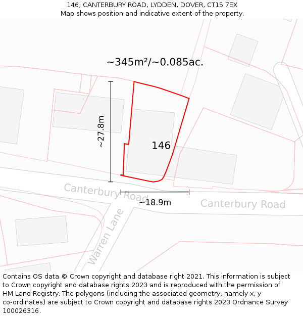 146, CANTERBURY ROAD, LYDDEN, DOVER, CT15 7EX: Plot and title map