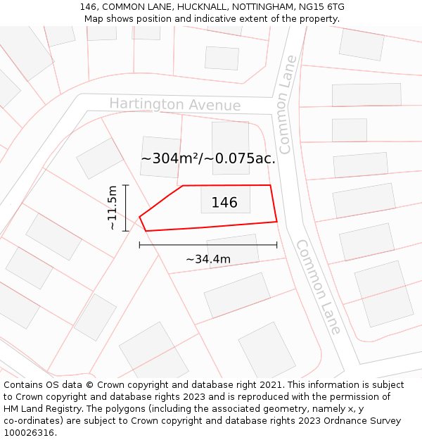 146, COMMON LANE, HUCKNALL, NOTTINGHAM, NG15 6TG: Plot and title map