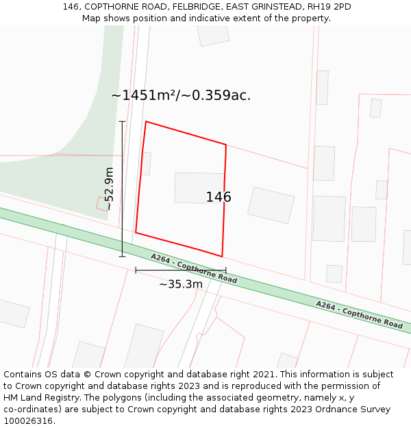 146, COPTHORNE ROAD, FELBRIDGE, EAST GRINSTEAD, RH19 2PD: Plot and title map