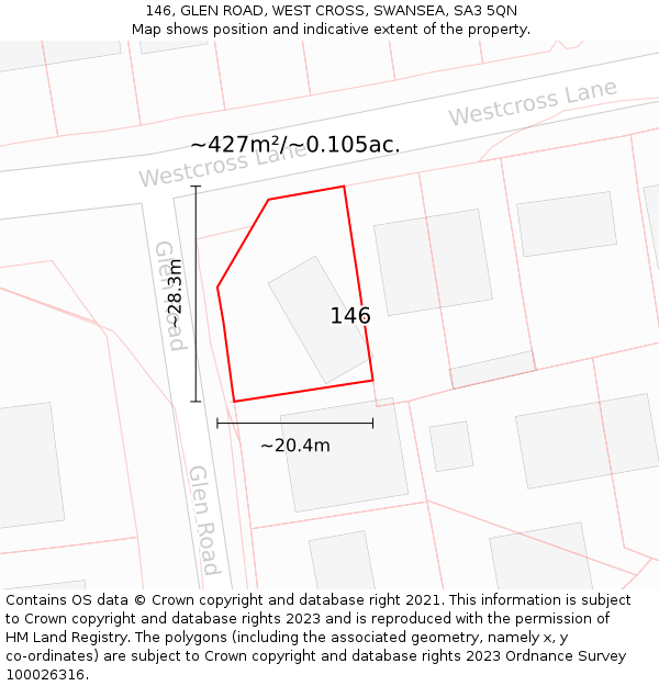 146, GLEN ROAD, WEST CROSS, SWANSEA, SA3 5QN: Plot and title map