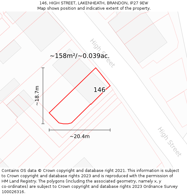 146, HIGH STREET, LAKENHEATH, BRANDON, IP27 9EW: Plot and title map