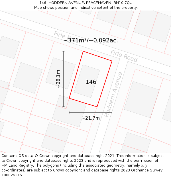 146, HODDERN AVENUE, PEACEHAVEN, BN10 7QU: Plot and title map