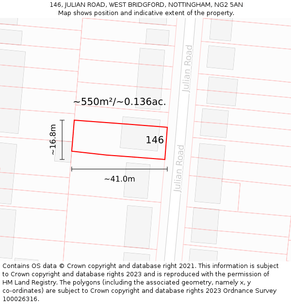 146, JULIAN ROAD, WEST BRIDGFORD, NOTTINGHAM, NG2 5AN: Plot and title map