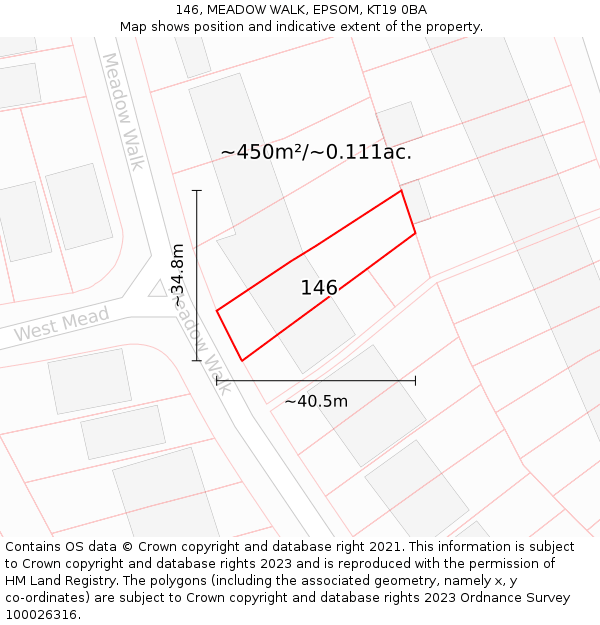 146, MEADOW WALK, EPSOM, KT19 0BA: Plot and title map