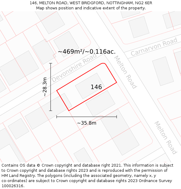 146, MELTON ROAD, WEST BRIDGFORD, NOTTINGHAM, NG2 6ER: Plot and title map