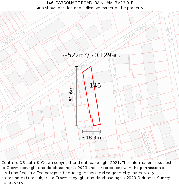 146, PARSONAGE ROAD, RAINHAM, RM13 9LB: Plot and title map