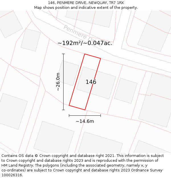 146, PENMERE DRIVE, NEWQUAY, TR7 1RX: Plot and title map