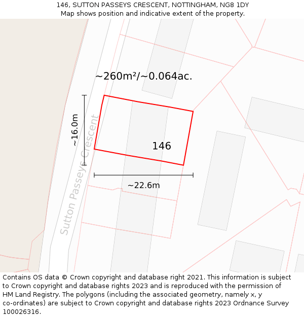 146, SUTTON PASSEYS CRESCENT, NOTTINGHAM, NG8 1DY: Plot and title map