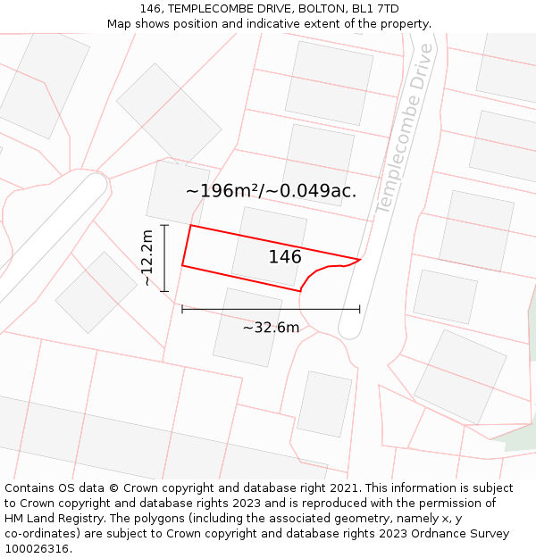 146, TEMPLECOMBE DRIVE, BOLTON, BL1 7TD: Plot and title map