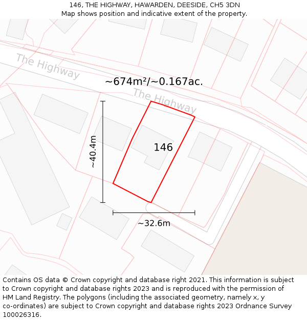 146, THE HIGHWAY, HAWARDEN, DEESIDE, CH5 3DN: Plot and title map