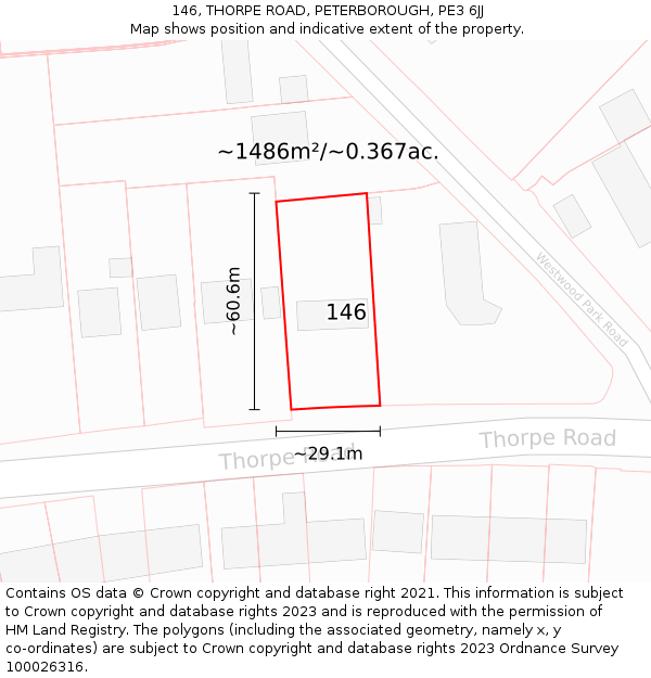 146, THORPE ROAD, PETERBOROUGH, PE3 6JJ: Plot and title map