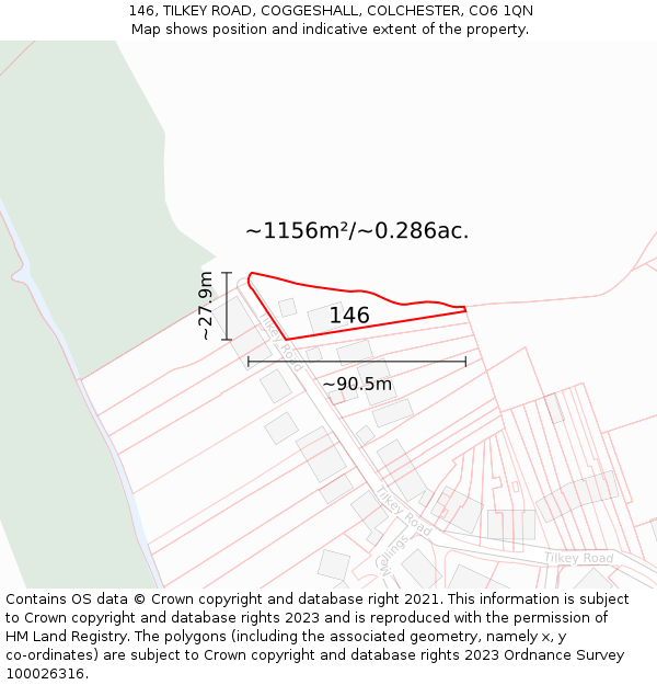 146, TILKEY ROAD, COGGESHALL, COLCHESTER, CO6 1QN: Plot and title map