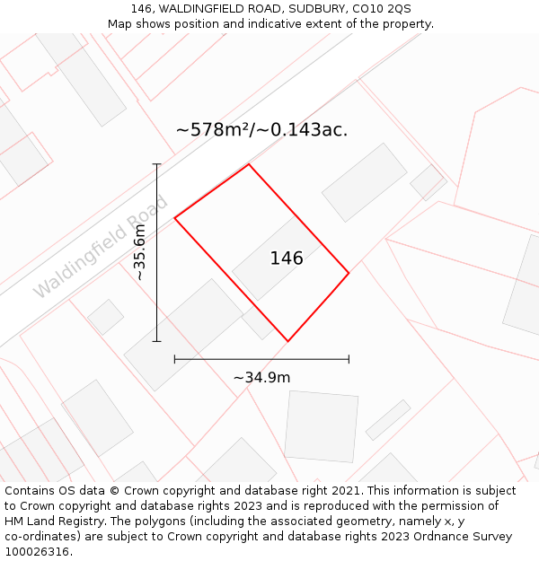 146, WALDINGFIELD ROAD, SUDBURY, CO10 2QS: Plot and title map