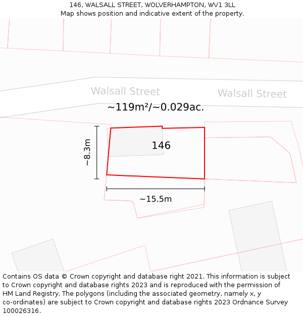 146, WALSALL STREET, WOLVERHAMPTON, WV1 3LL: Plot and title map