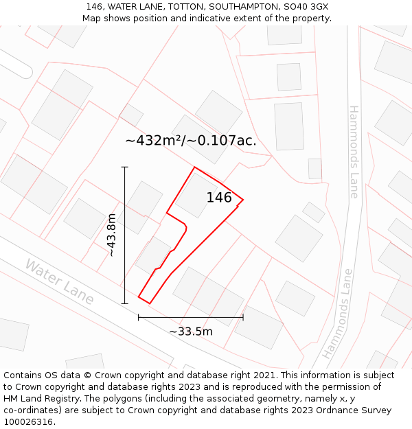 146, WATER LANE, TOTTON, SOUTHAMPTON, SO40 3GX: Plot and title map